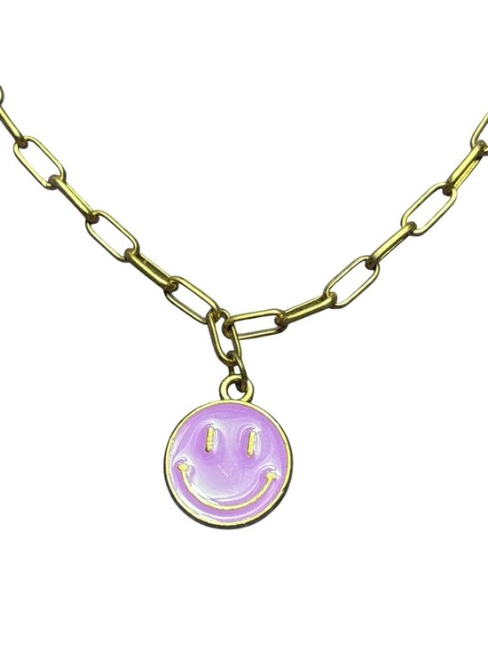 Jewelry - Purple Enamel Smiley Face Charm Pendant Necklace Goldtone Paperclip Chain